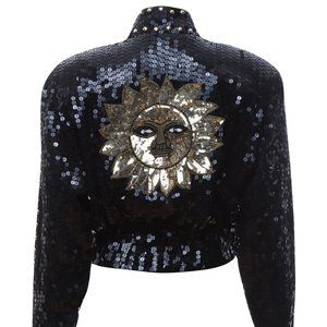 Unique Bomber crop jacket in black sequins and gol